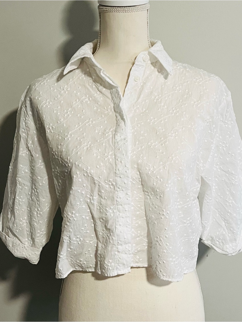 Zara White Embroidered Button-Up Top Size Small